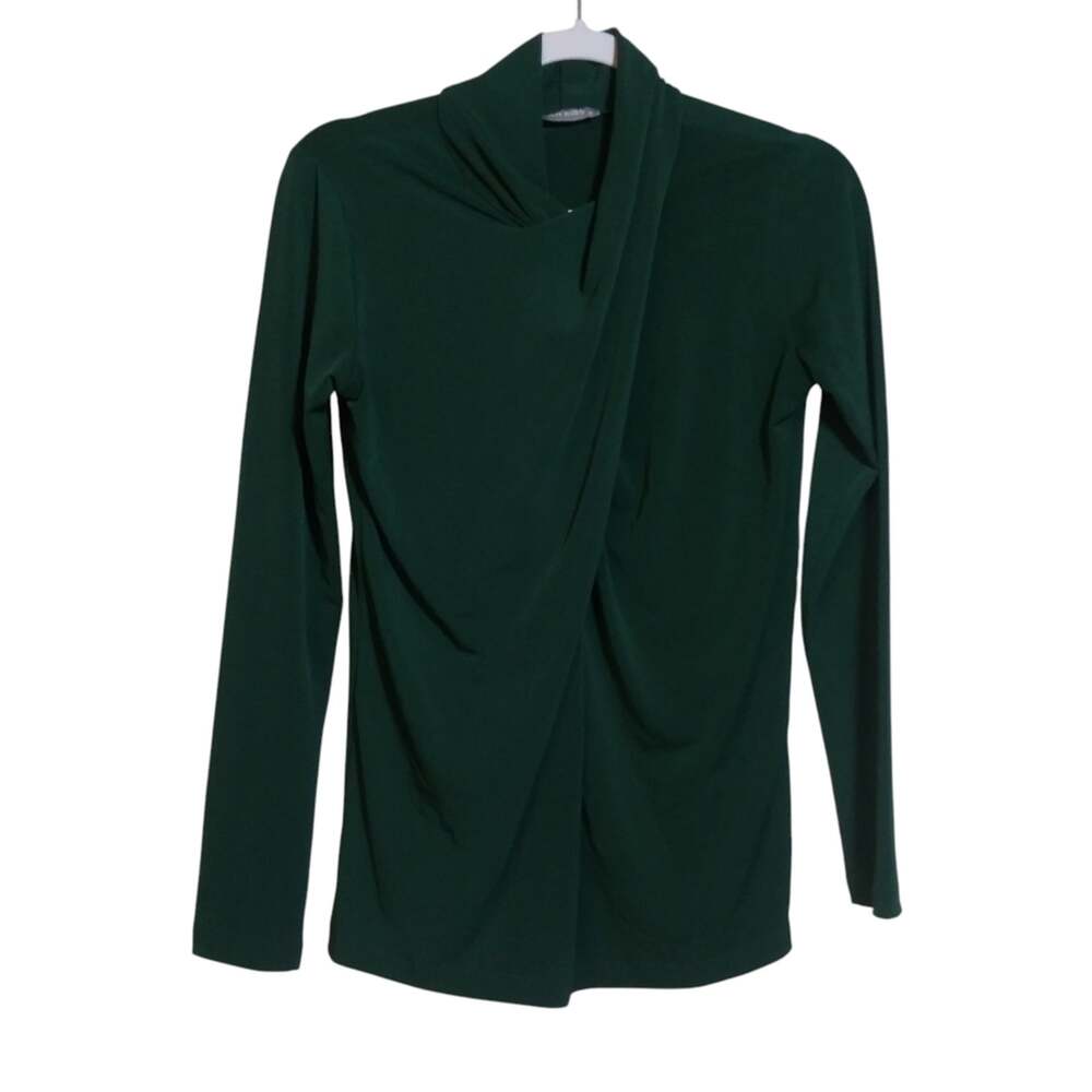 Milan Kiss Kelly Green Stretchy Fax Wrap Mock Neck Women's Blouse Top Size S
